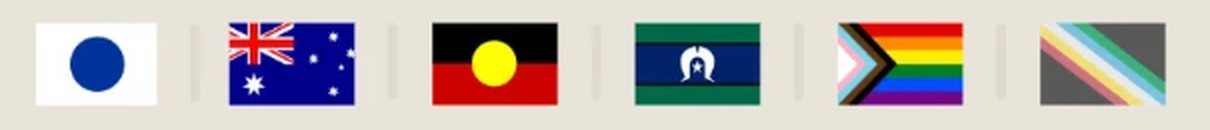 Flags: disability, Australian, Aboriginal, Torres Strait Islander, Progress Pride and intersex-inclusive Progress Pride