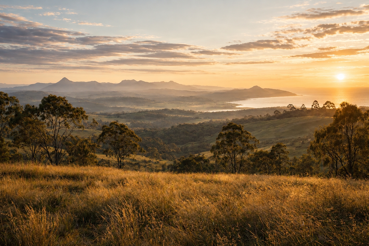 Sunrise over the hinterland: golden grass in the foreground, green valleys, gum trees and distant ranges beyond