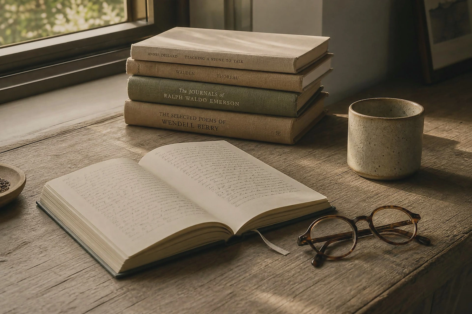 An open journal, round reading glasses and a ceramic cup on a worn timber desk in warm afternoon light