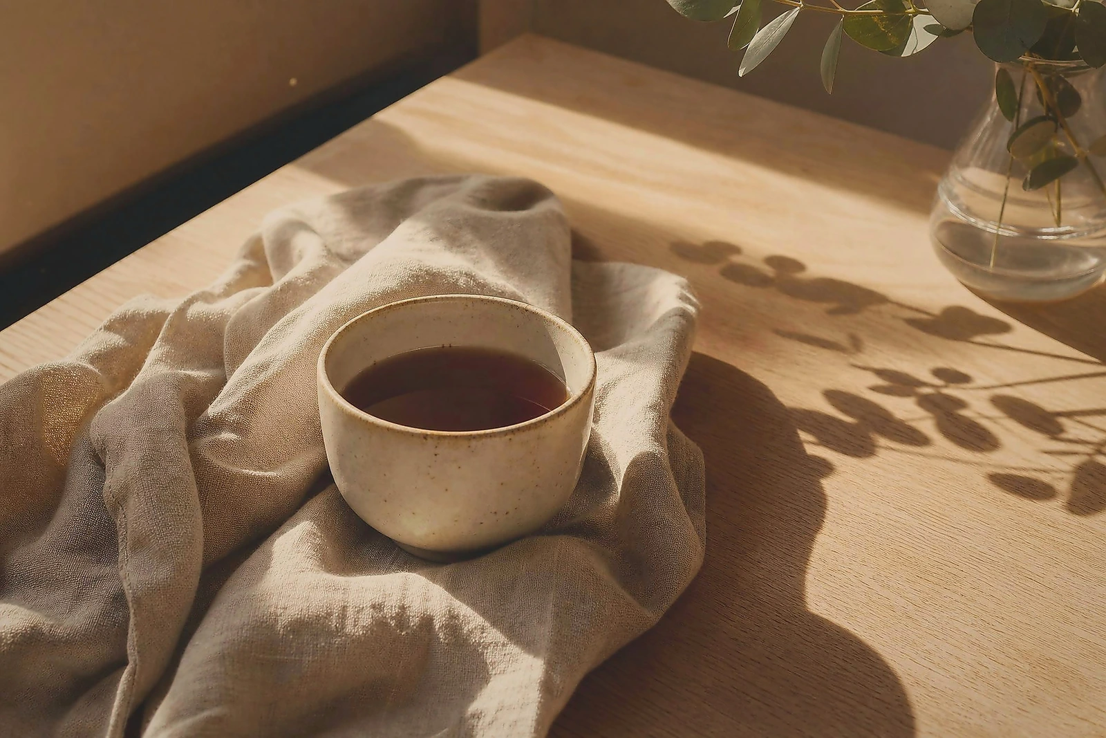 A handmade ceramic cup resting on linen on a timber table in soft morning light