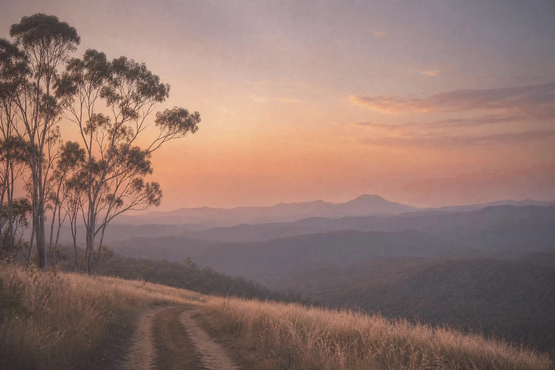 Dusk light over a quiet hinterland track, gum trees and hazy ranges